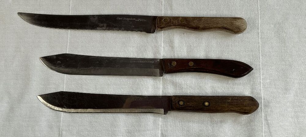 Vintage USA Made EKCO Large Wooden Handle Knives, Set of Three Utility Carving